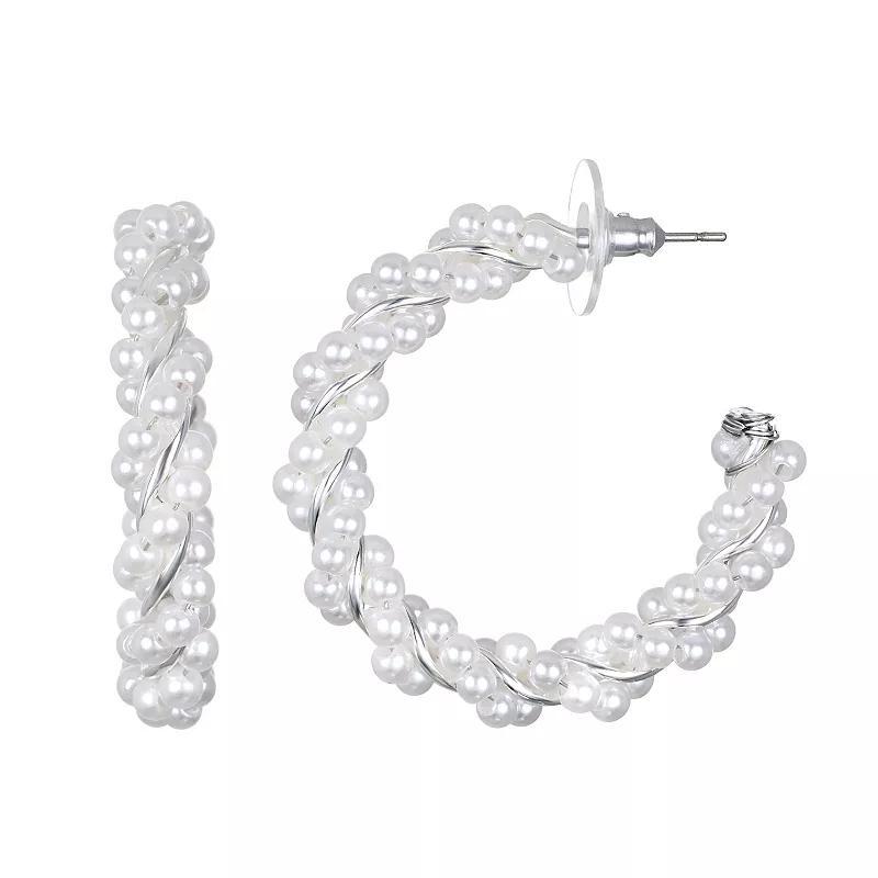 Emberly Silver Tone Small Twisted C Hoop Earrings, Womens, White Product Image