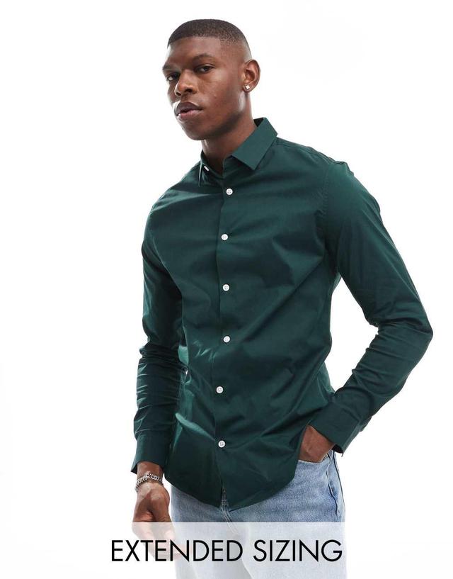 ASOS DESIGN skinny poplin shirt in dark green Product Image