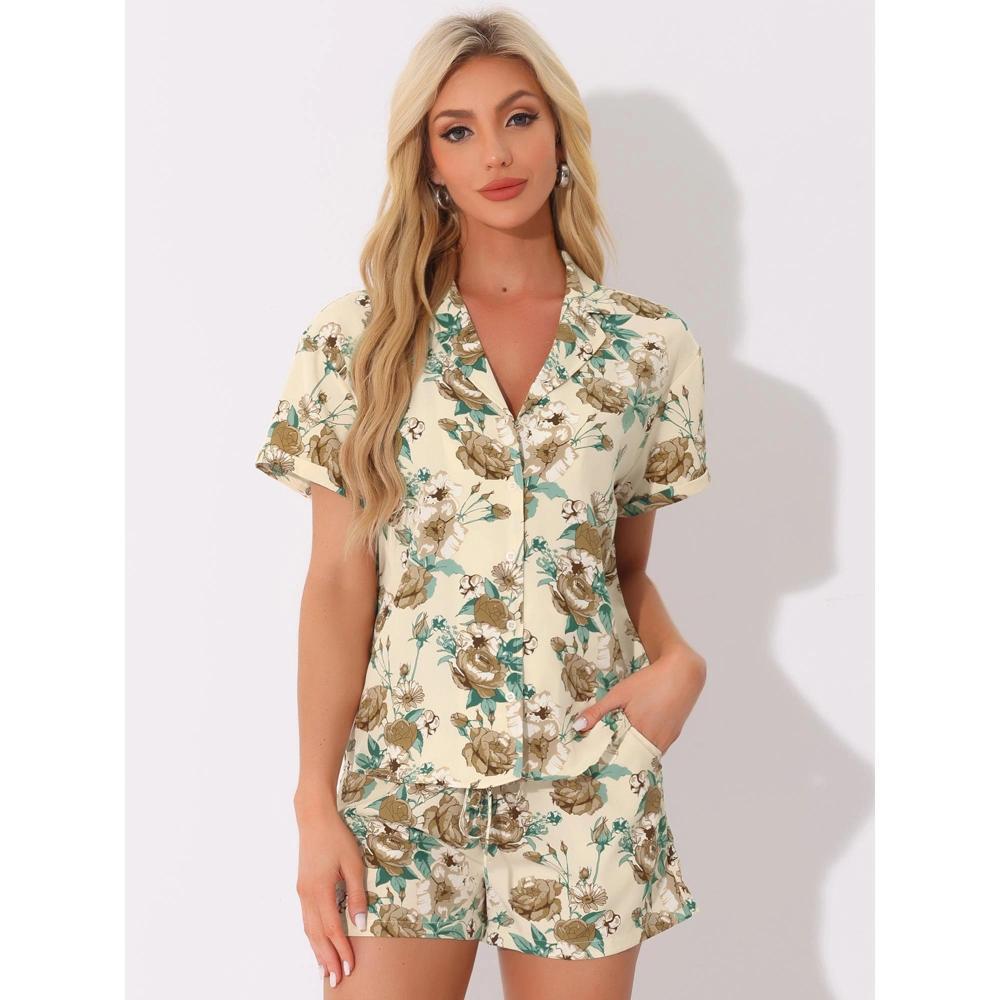 Allegra K Women's Floral Tropical Vacation Beach Hawaiian Button Down Shirt and Short Set Beige Medium Product Image