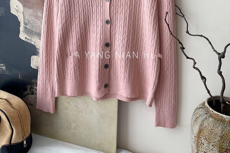 Round Neck Plain Cable Knitted Cardigan Product Image