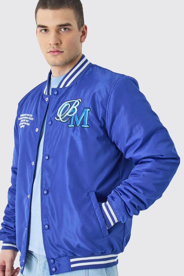 Tall Nylon Varsity Jacket With Badges | boohooMAN USA Product Image