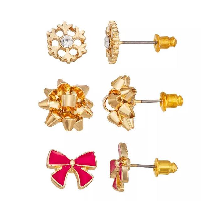 Celebrate Together Gold Tone Crystal Snowflake & Bows Stud Earring Set, Womens, Multi Product Image