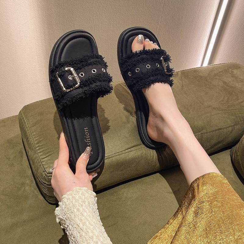 Buckled Fringed Trim Slide Sandals Product Image