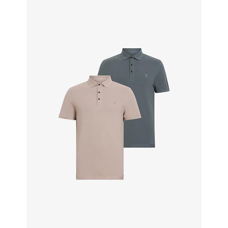 ALLSAINTS Reform Logo-embroidered Short-sleeve Cotton Polo Pack Of Two In Ashy Blue/taupe Product Image