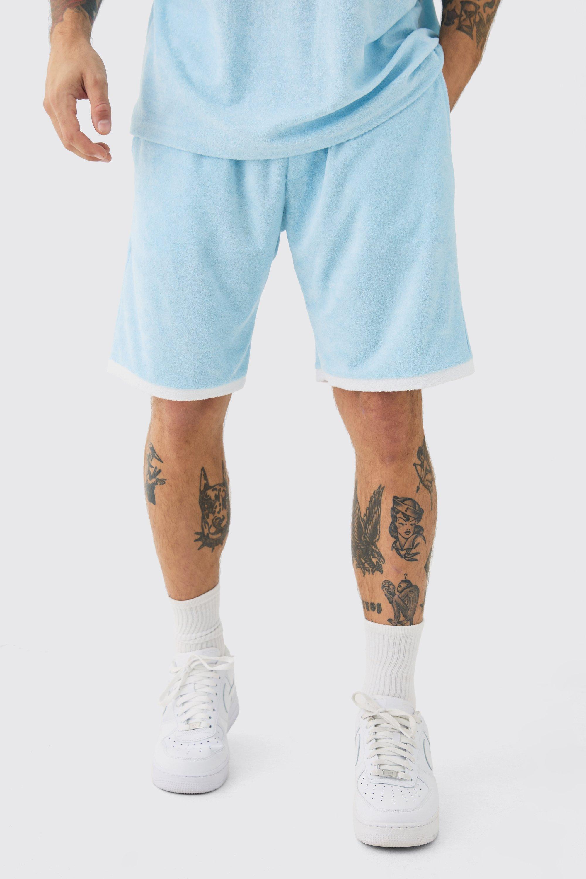 Mens Blue Relaxed Fit Mid Contrast Towelling Shorts, Blue Product Image