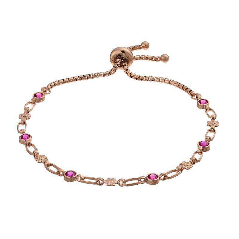 Kristen Kesho Sterling Silver Lab-Created Ruby & Flower Link Adjustable Bolo Bracelet, Womens Pink Product Image