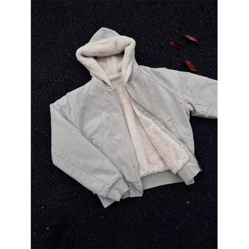 Plain Hooded Fleece-Lined Zip-Up Jacket Product Image