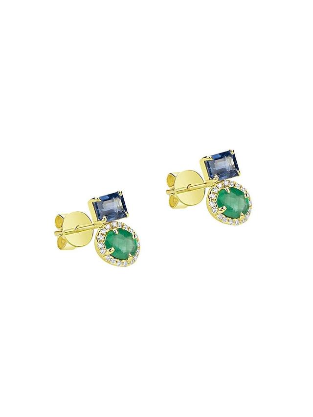 Womens 14K Yellow Gold, Emerald, Sapphire & .04 TCW Diamond Stud Earrings Product Image