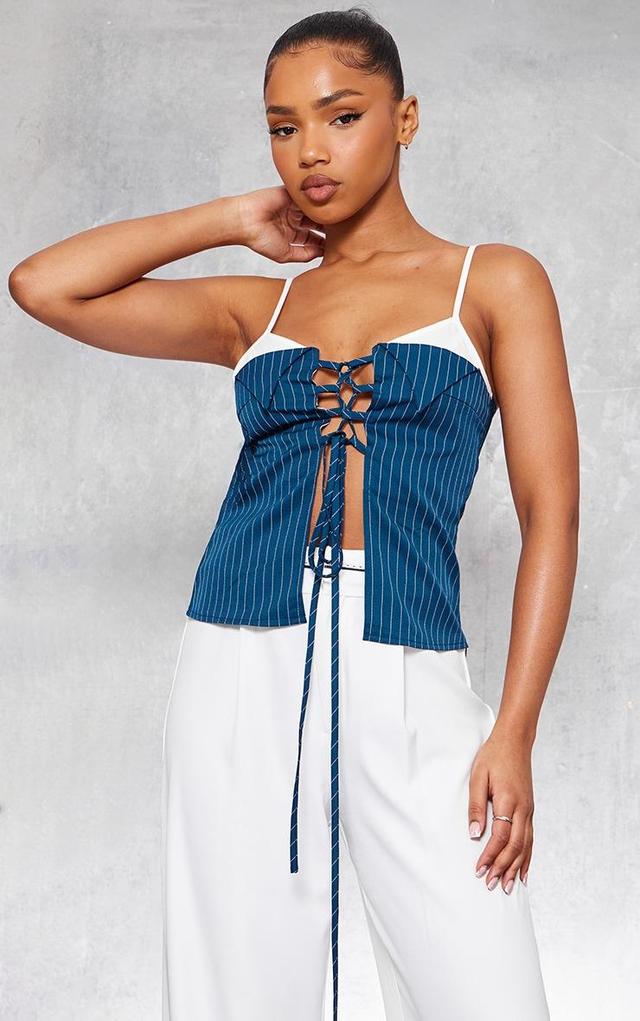 Dark Blue Pinstripe Contrast Stap Lace Up Top Product Image