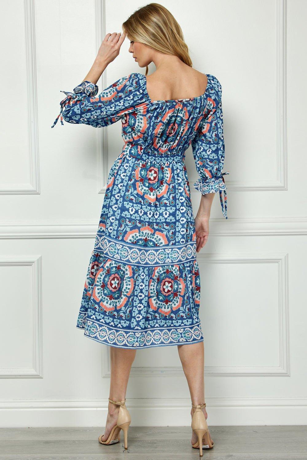 Long Sleeve Square Neck Printed Midi Dress Product Image