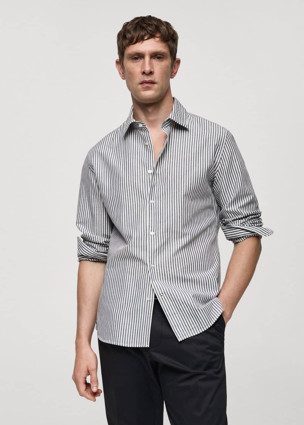 MANGO MAN - Regular-fit striped cotton-linen shirt charcoalMen Product Image