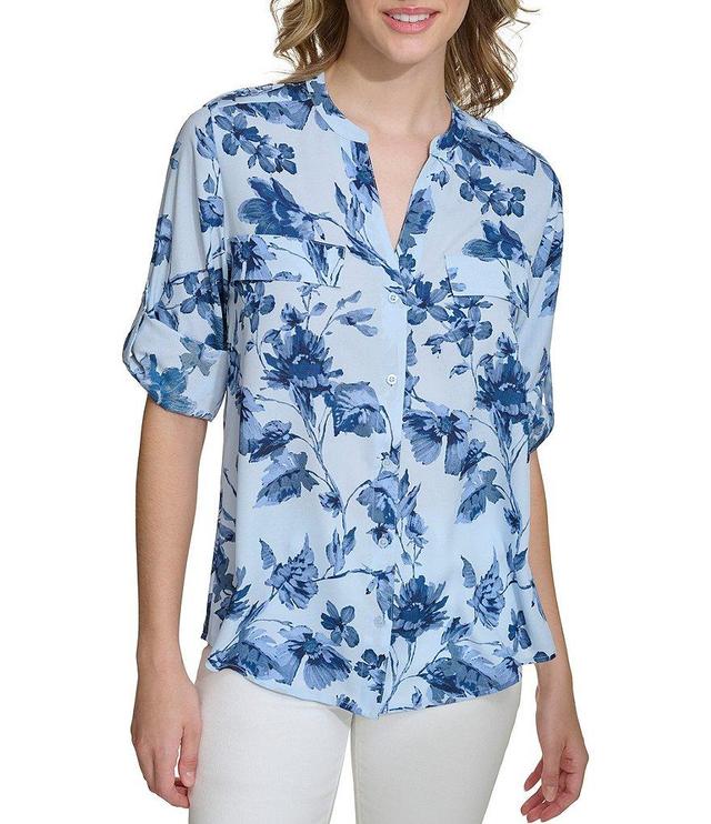 Calvin Klein Printed V Neckline Long Sleeve Roll Tab Top Product Image