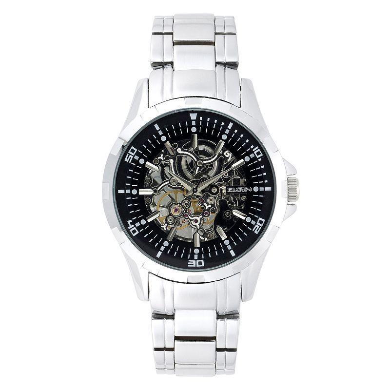 Elgin Mens Silver-Tone Skeleton Dial Watch - FG8030KL Black Product Image