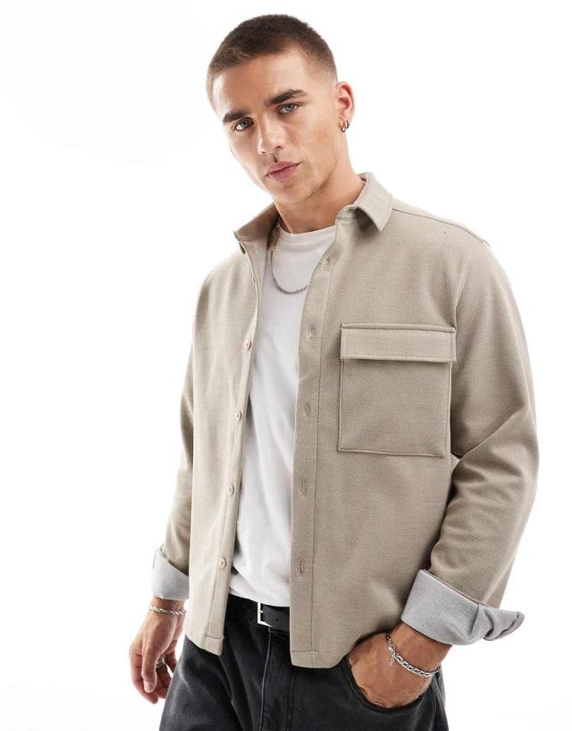 ASOS DESIGN stretch textured boxy overshirt in oatmeal Product Image