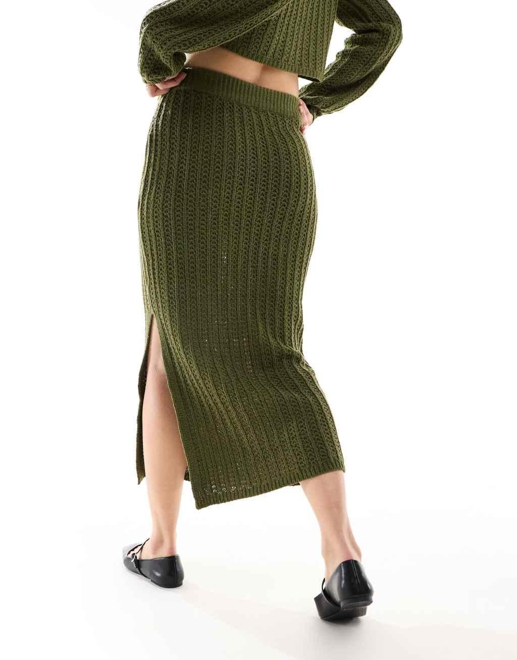 ASOS DESIGN knit midi skirt in open stitch in khaki - part of a set Product Image