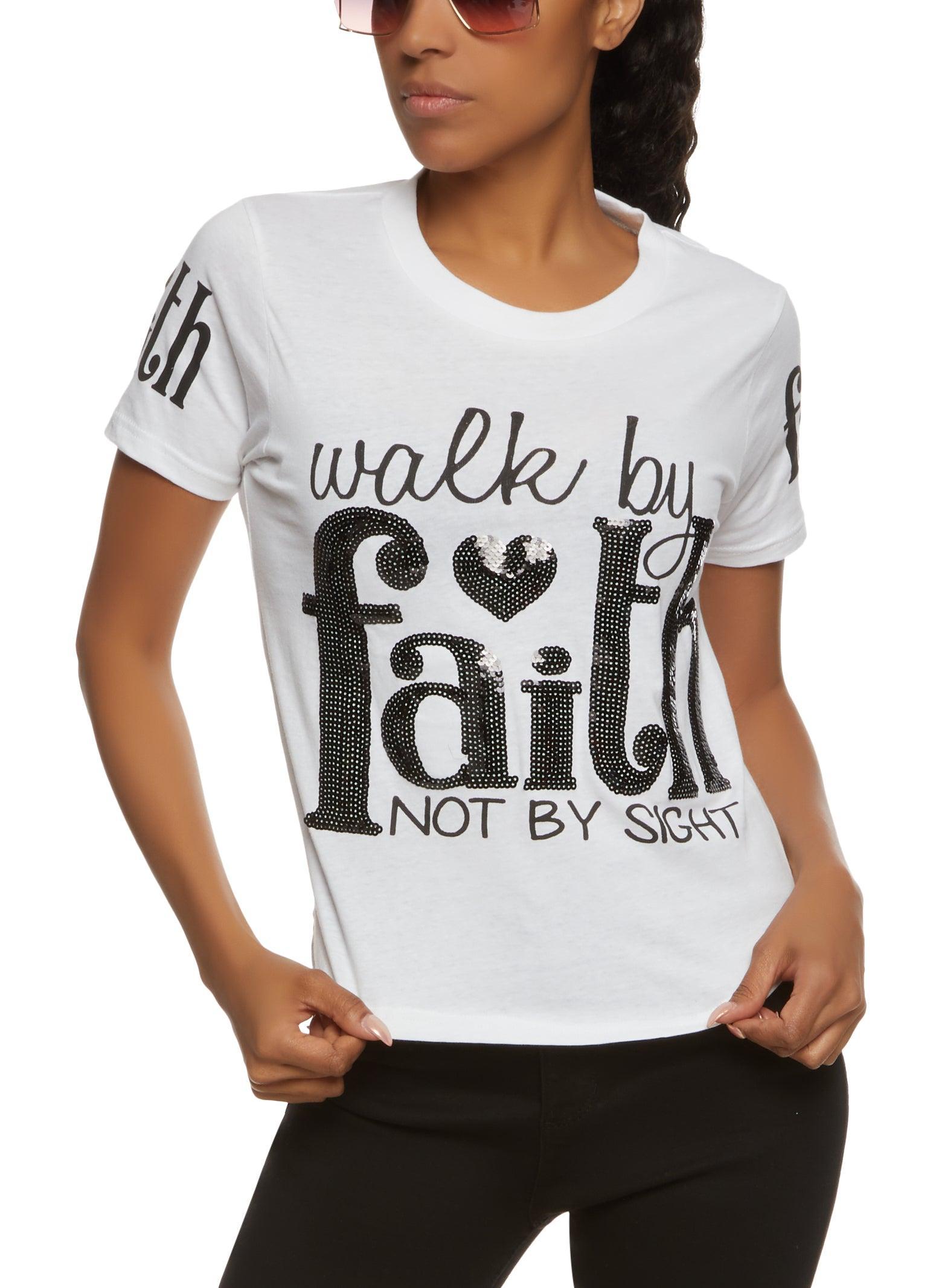 Womens Walk By Faith Not By Sight Sequin Graphic Tee Product Image