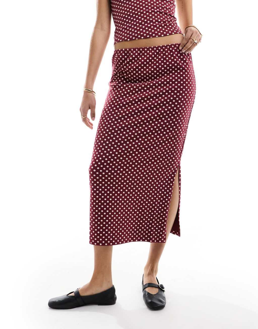 ASOS DESIGN column midi skirt in burgundy polka dot print - part of a set Product Image