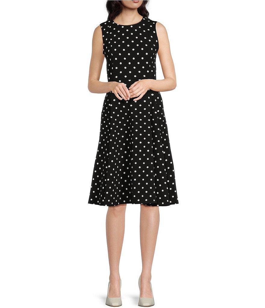 Calvin Klein Polka Dot Scuba Crepe Sleeveless Crew Neck Midi Dress Product Image