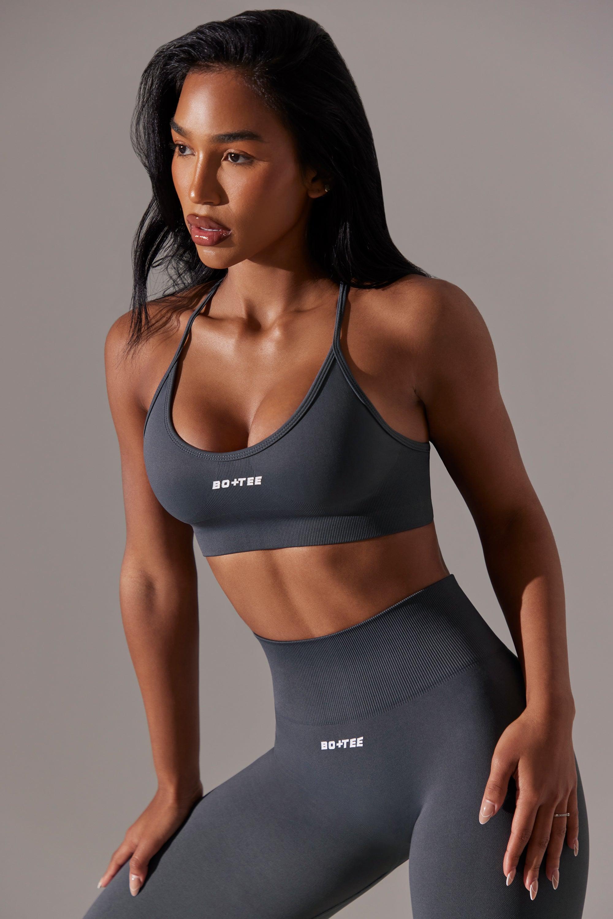 Scoop Neck Multi Strap Sports Bra in Grey Product Image