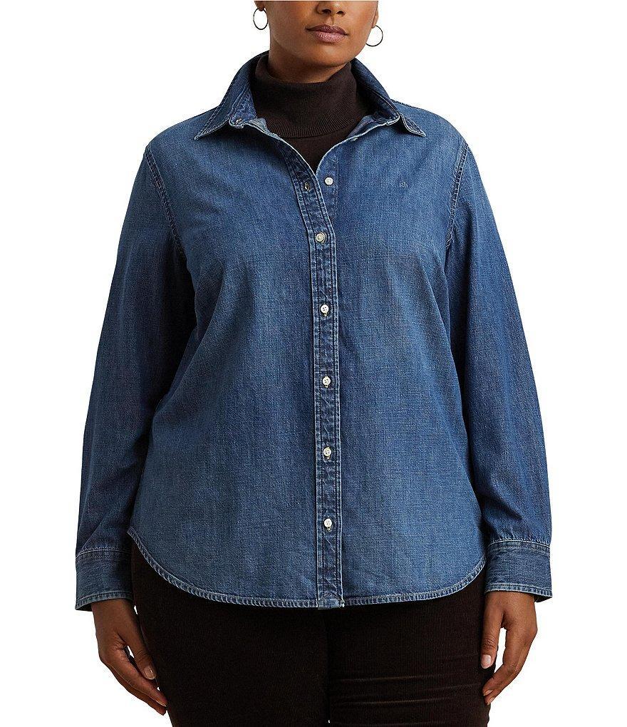 Lauren Ralph Lauren Plus Size Classic Fit Denim Point Collar Long Sleeve Button Front Shirt Product Image