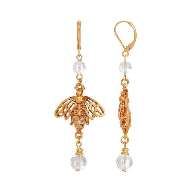 1928 Gold Tone Simulated Crystal Bee Drop Earrings, Womens, White Product Image