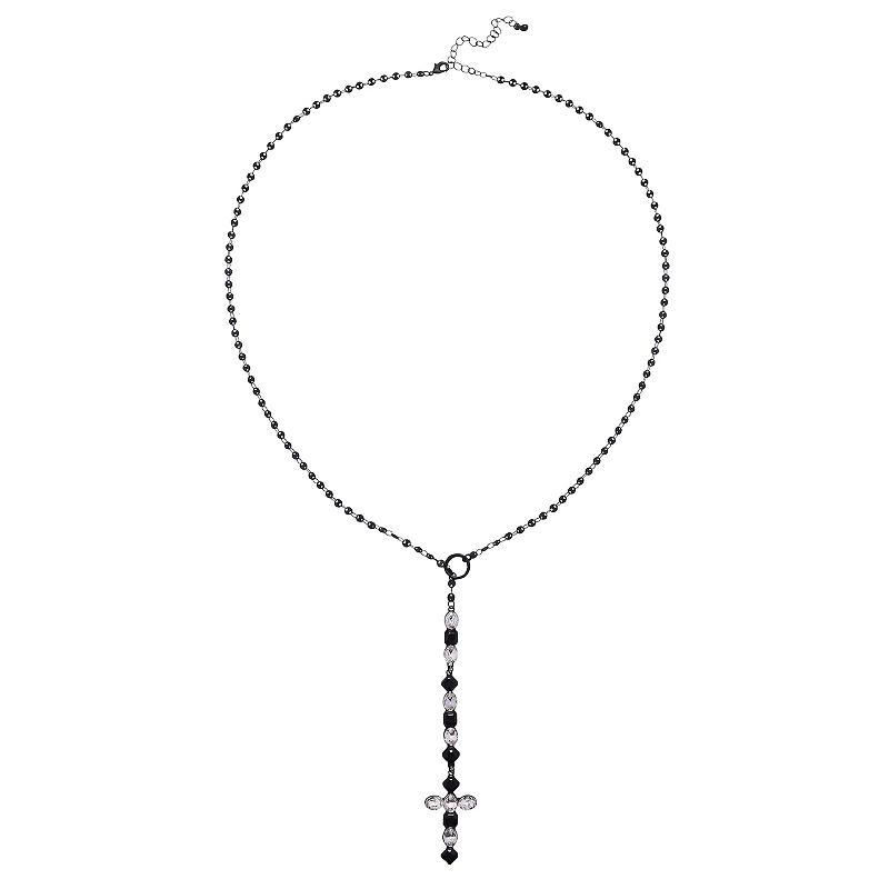 Emberly Black Rosary Simulated Stone & Bead Cross Pendant Necklace, Womens Product Image