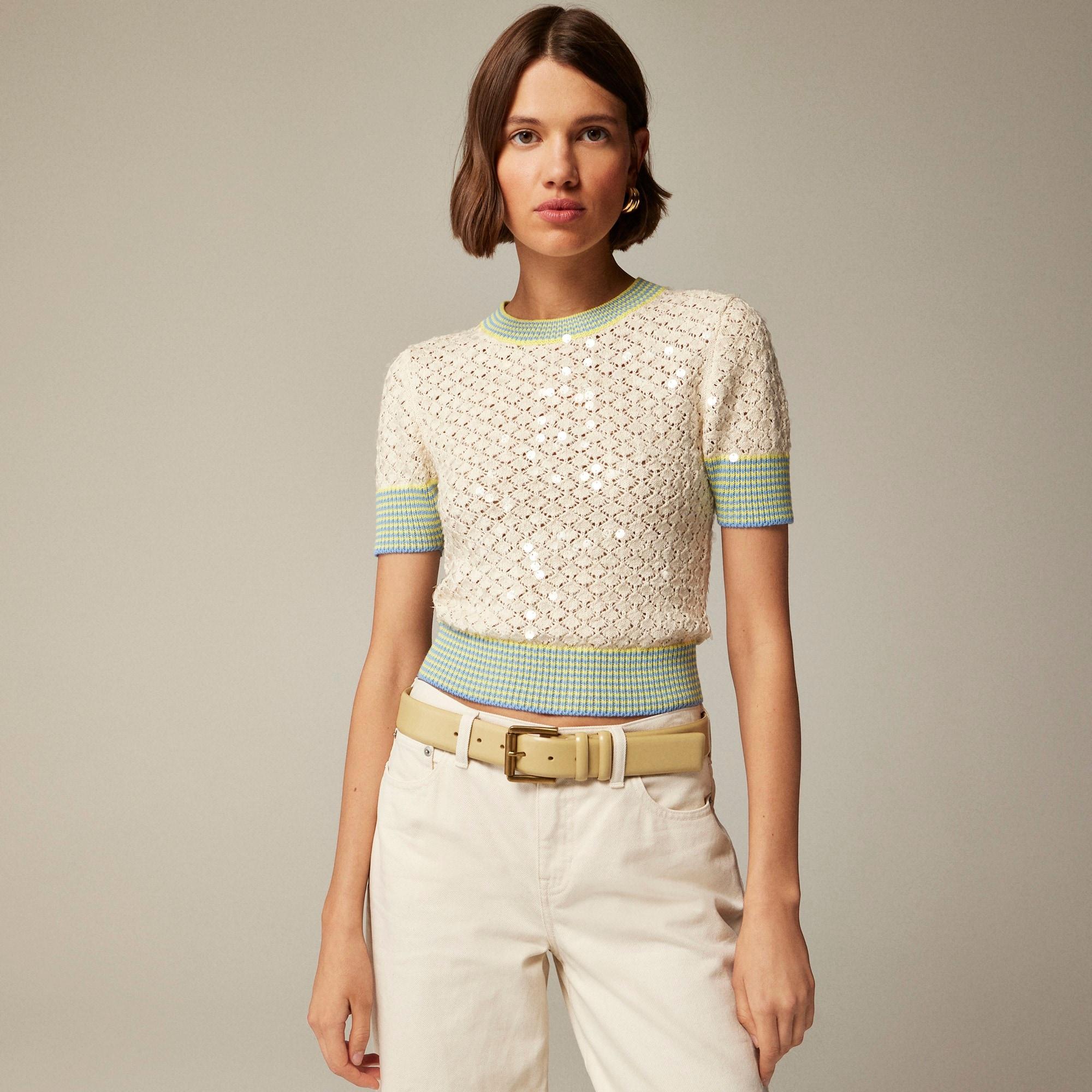 Sequin pointelle sweater-tee with striped trim Product Image