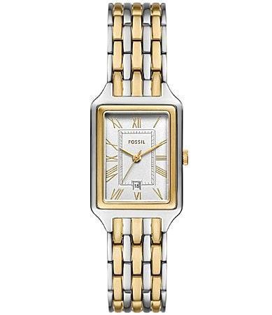 Fossil Womens Raquel Three-Hand Date Two Tone Stainless Steel Rectangular Bracelet Watch Product Image