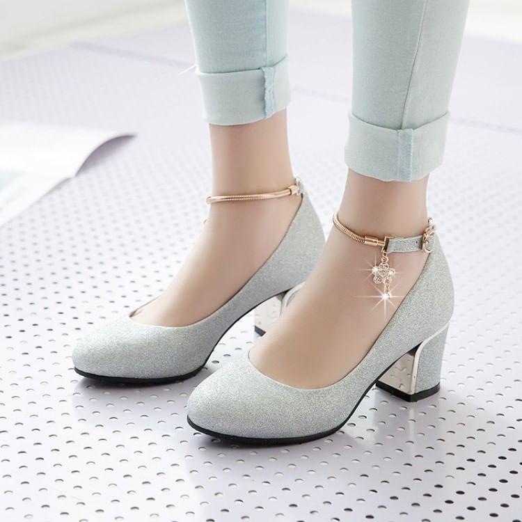 Glitter Block Heel Ankle Strap Pumps Product Image