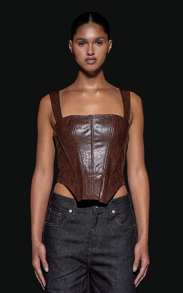 Chocolate Washed Faux Leather Dip Hem Strappy Top Product Image