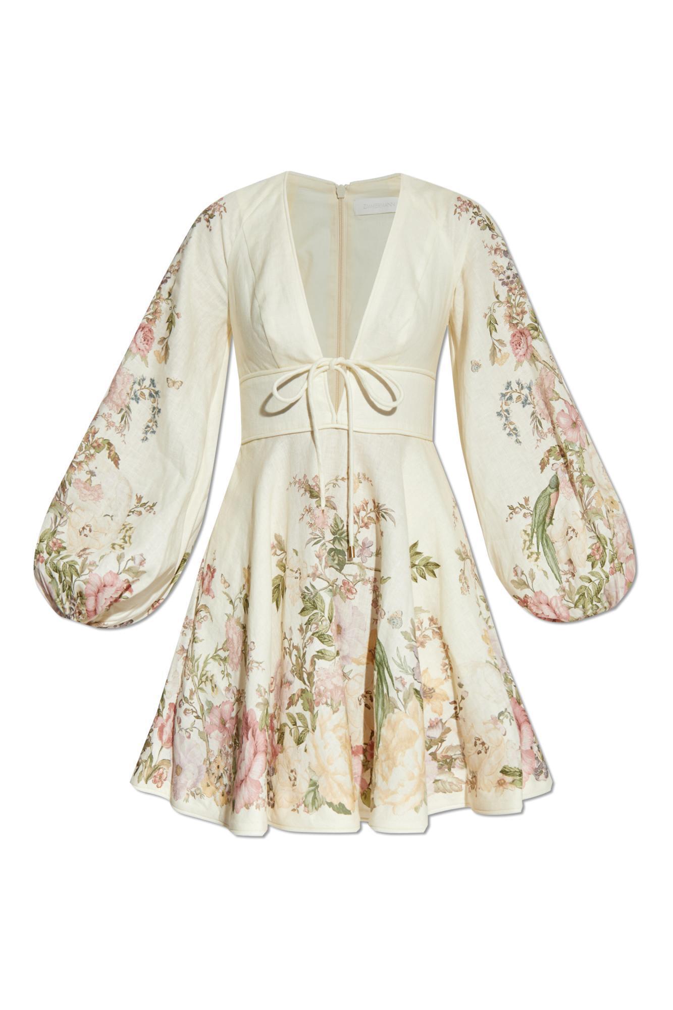 ZIMMERMANN Waverly Plunged Linen Mini Dress In Cream Floral Product Image