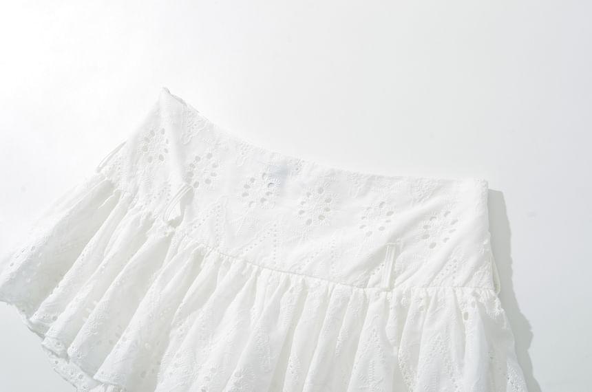 High Waist Plain Eyelet Lace Mini A-Line Skirt Product Image