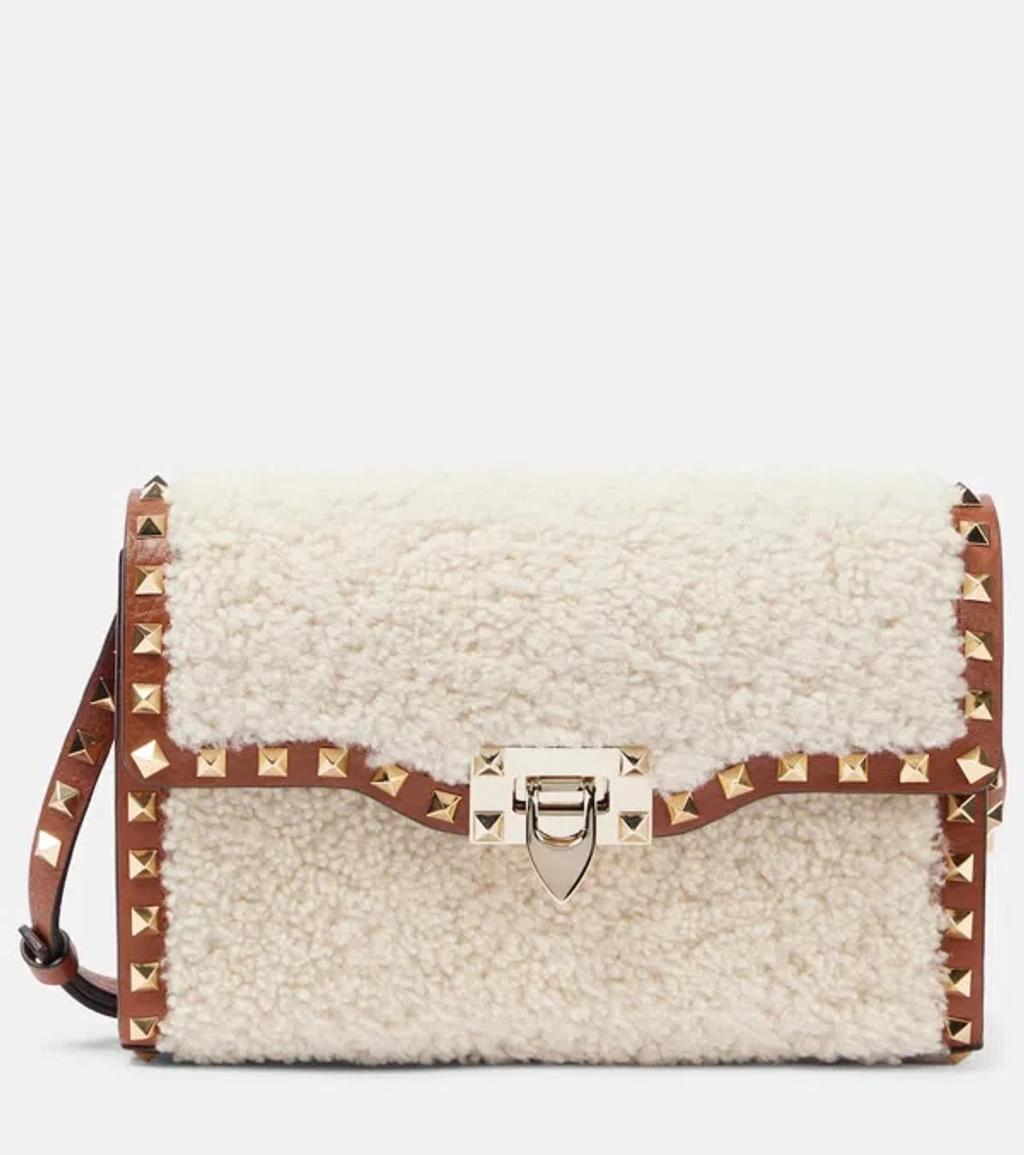 VALENTINO GARAVANI Rockstud Small Shearling Shoulder Bag In Neutrals Product Image