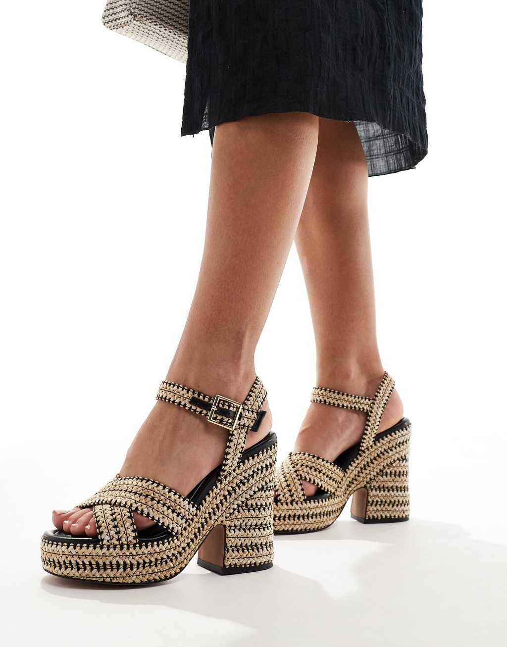 ASOS DESIGN Twiggy cross strap wedges in black and natural raffia Product Image