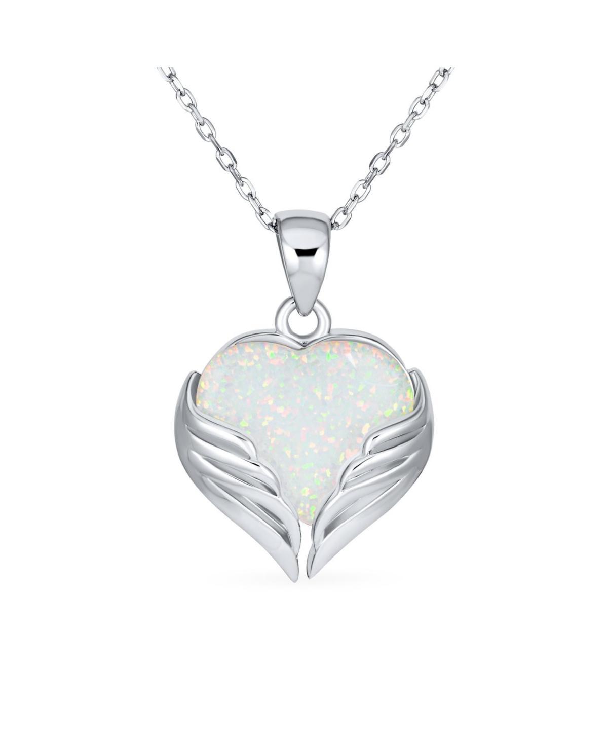 Bling Jewelry Love Created Framed White Synthetic Opal Heart Shaped Angel Wing Necklace Pendant For Women Sterling Silver Product Image