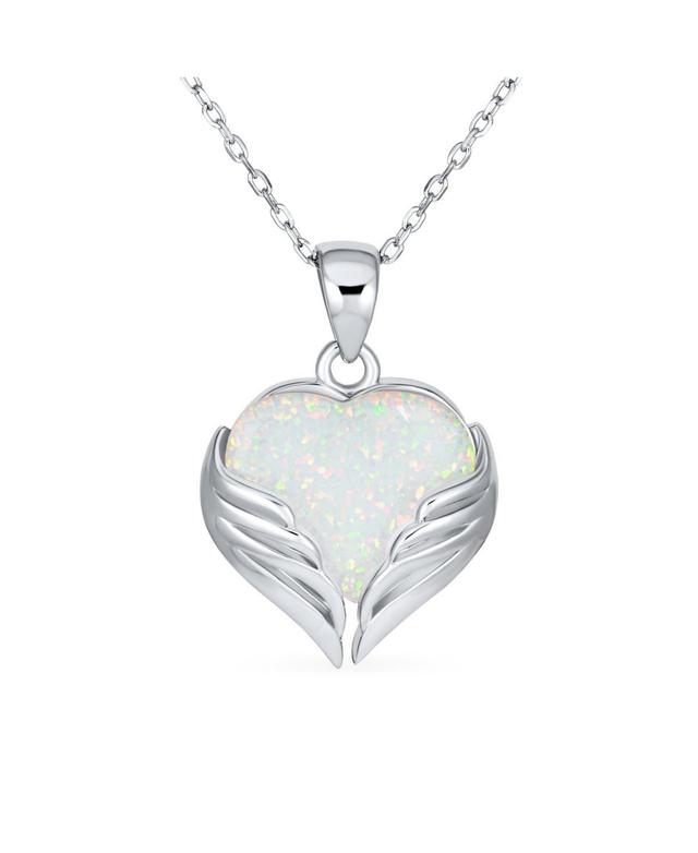 Romantic Love Gemstone Created Framed White Opal Heart Shaped Angel Wing Necklace Pendant For Women Girlfriend .925 Sterling Silver Product Image