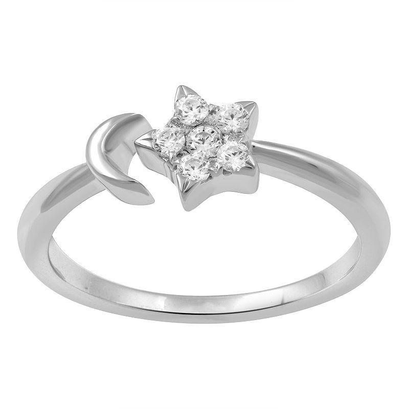 Sterling Silver 1/5 Carat T.W. Diamond Moon & Star Ring, Womens Product Image