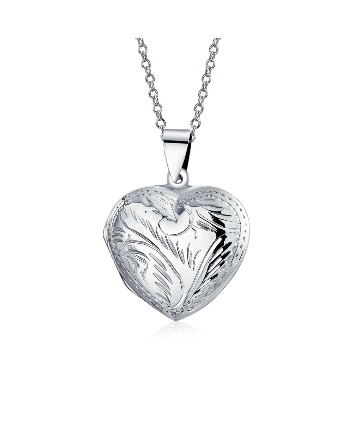 Bling Jewelry Simple Plain Keepsake Domed Puff carved Leaf Heart Shaped Photo Locket For Women Holds Photos Pictures Silver Necklace Pendant Medium - Product Image