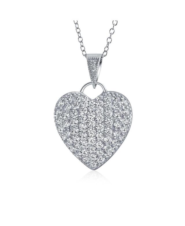 Romantic Elegant Large Pave Cubic Zirconia Cz Puff Heart Shape Pendant Necklace For Women Teen .925 Sterling Silver Filigree Back Product Image