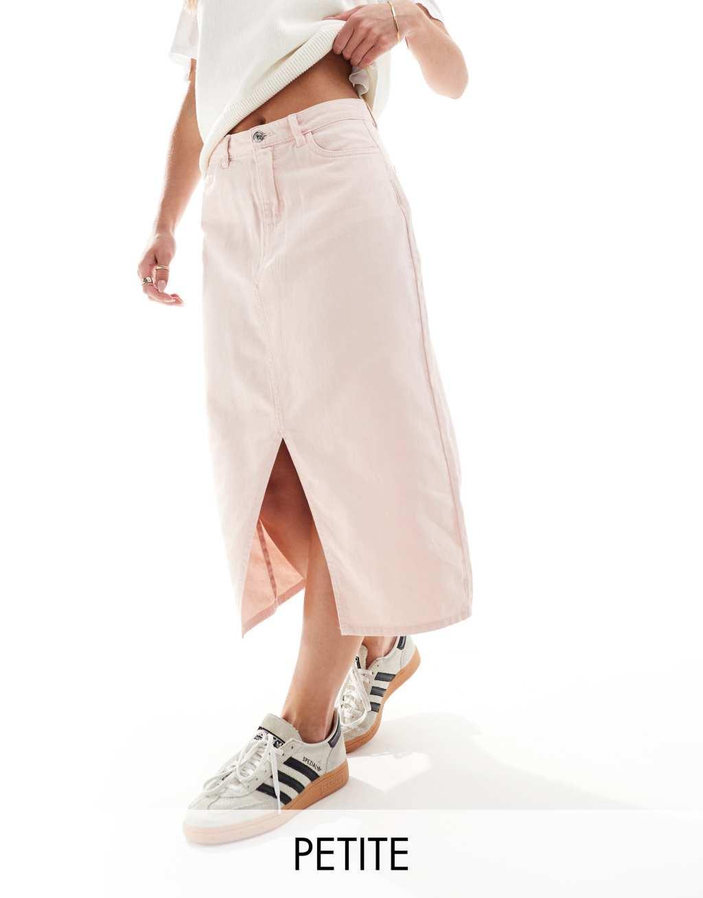 ONLY Petite front slit twill midi skirt in pale pink  product image