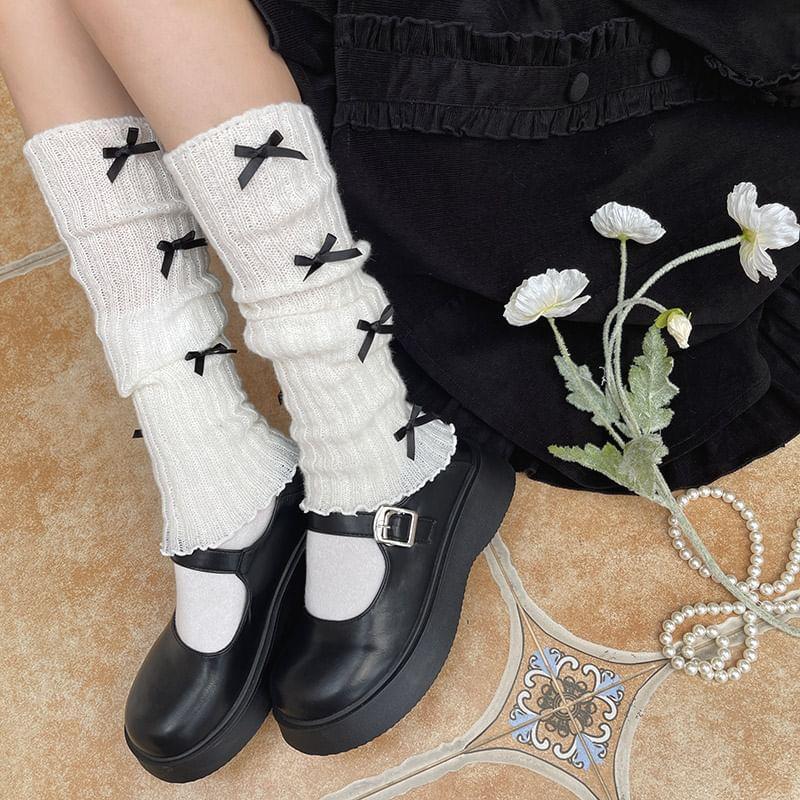 Bow Lettuce Edge Ribbed Knit Leg Warmers Product Image