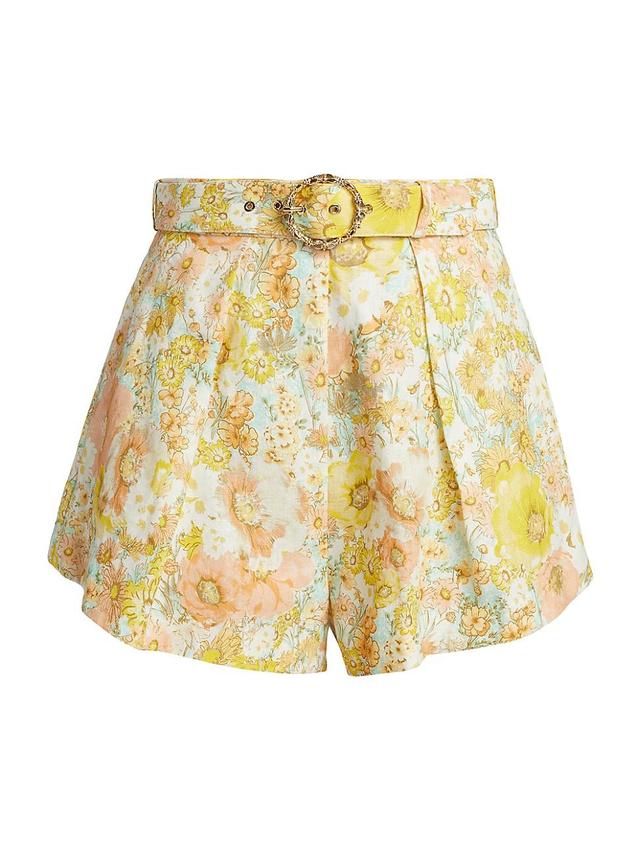 Womens Floral Linen Belted Tuck Shorts Product Image