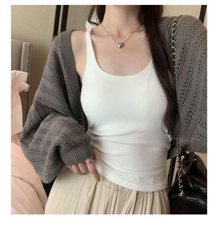 Puff-Sleeve Plain Pointelle Knit Cropped Cardigan Product Image