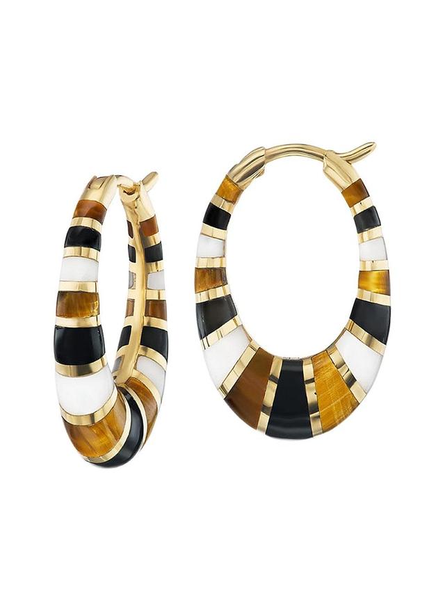 Womens 18K Yellow Gold, Tigers Eye and Onyx Oval Hoop Earrings Product Image