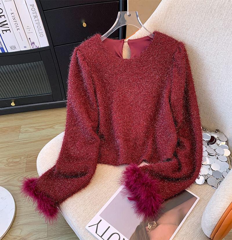 Fluffy Long Sleeve Crew Neck Plain Cropped Sweater Product Image