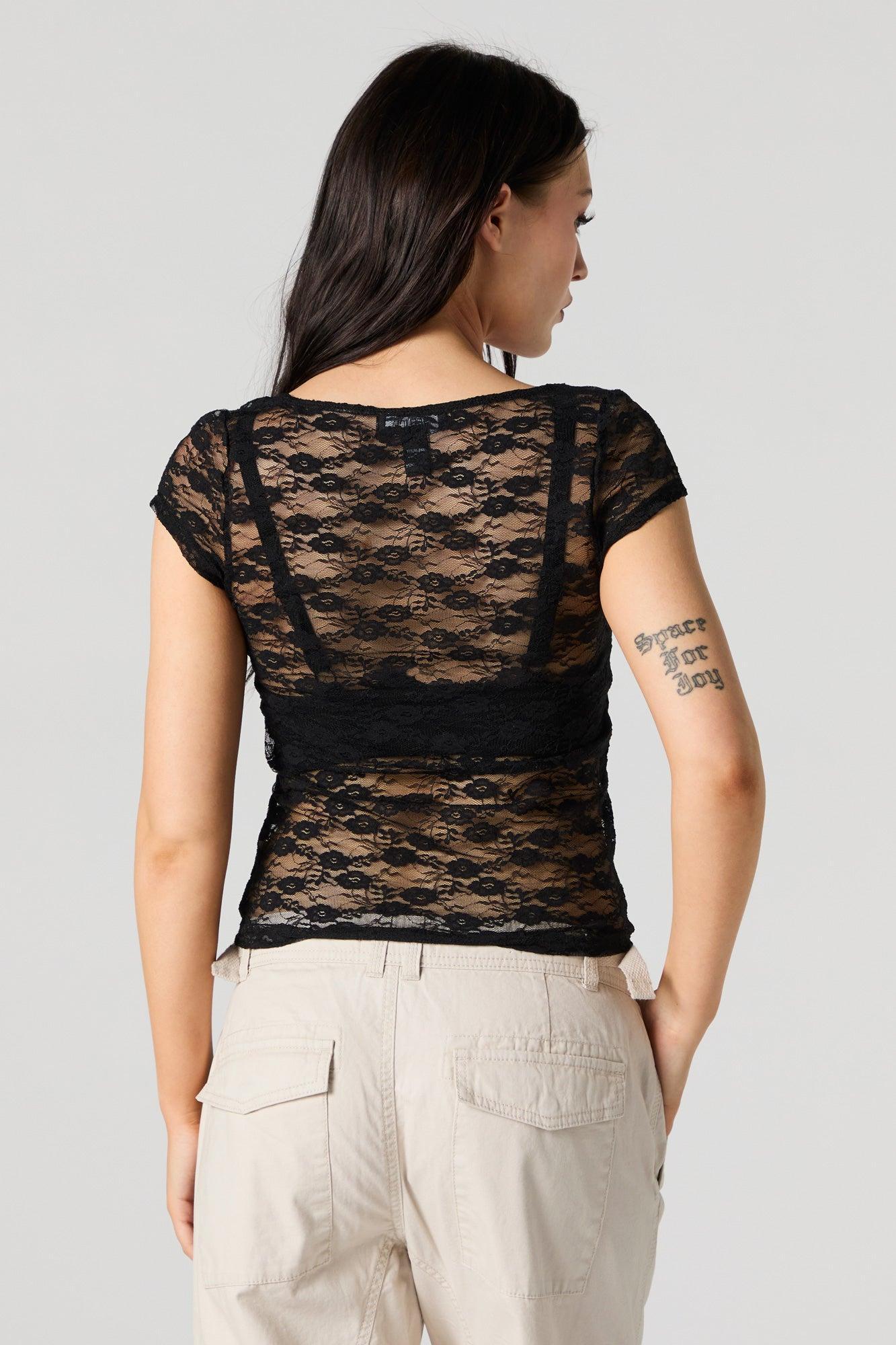 Sheer Floral Lace Scoop Neck Top Female Product Image