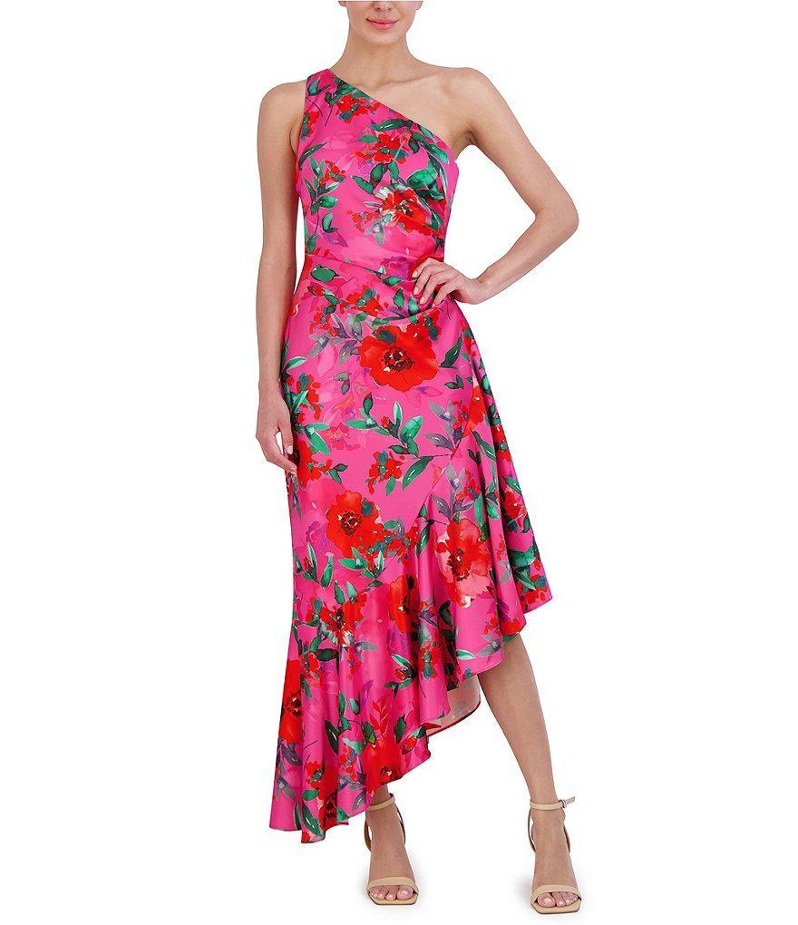 Eliza J Petite Size One Shoulder Sleeveless Ruffle Hem Floral satin Midi Dress Product Image