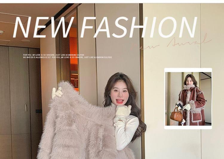 Collared Panel Faux Shearling Midi Button Coat Product Image