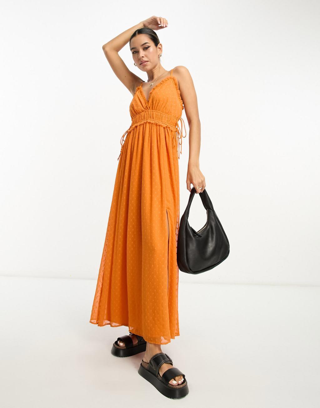 ASOS DESIGN elasticized ruffle waist midi slip dress in orange texture  Product Image