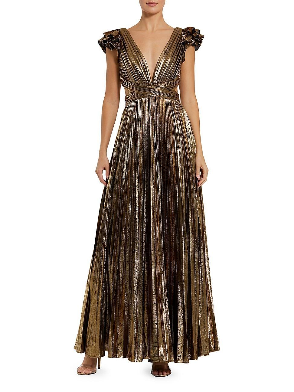 Womens Metallic Pleated Ruffle A-Line Gown Product Image